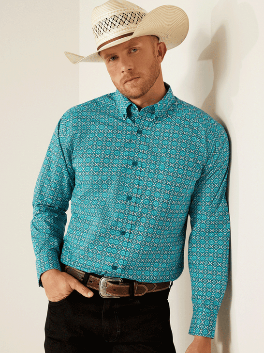 Ariat 10054697 Mens Jordy Classic Fit Shirt Turquoise front view. If you need any assistance with this item or the purchase of this item please call us at five six one seven four eight eight eight zero one Monday through Saturday 10:00a.m EST to 8:00 p.m EST

