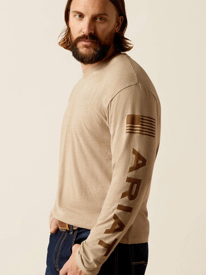 Ariat 10054191 Mens Elevated V2 T-Shirt Oatmeal Heather front view. If you need any assistance with this item or the purchase of this item please call us at five six one seven four eight eight eight zero one Monday through Saturday 10:00a.m EST to 8:00 p.m EST