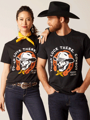 Ariat 10047839 Unisex Sendero Winking Skull T-Shirt Black front view on both male and female models. If you need any assistance with this item or the purchase of this item please call us at five six one seven four eight eight eight zero one Monday through Saturday 10:00a.m EST to 8:00 p.m EST