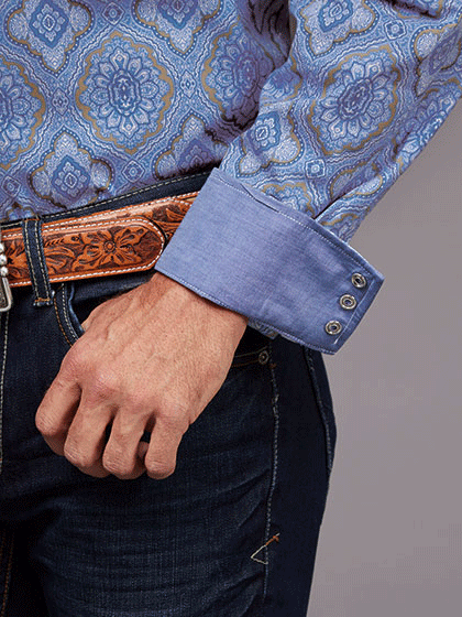 Stetson 11-001-0425-5020 Mens Chambray Medallion Paisley Western Shirt Blue contrast cuff view. If you need any assistance with this item or the purchase of this item please call us at five six one seven four eight eight eight zero one Monday through Saturday 10:00a.m EST to 8:00 p.m EST