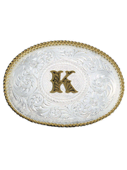 Montana Silversmiths 700 Initial Silver Engraved Gold Trim Western Belt Buckle letter K front view. If you need any assistance with this item or the purchase of this item please call us at five six one seven four eight eight eight zero one Monday through Saturday 10:00a.m EST to 8:00 p.m EST