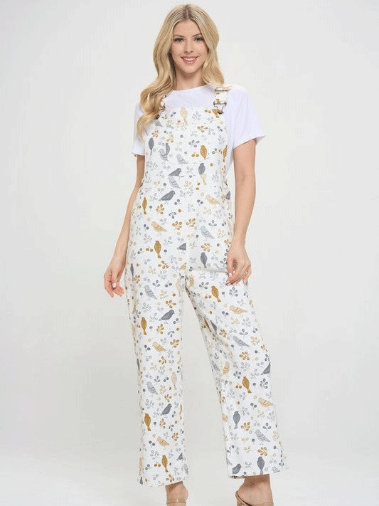 SM Wardrobe AW2382-WH Womens Bird Floral Print Overalls White front view. If you need any assistance with this item or the purchase of this item please call us at five six one seven four eight eight eight zero one Monday through Saturday 10:00a.m EST to 8:00 p.m EST