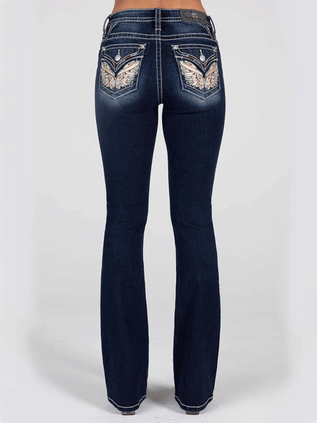 Miss Me M3080B53 Womens Mid-Rise Embroidered Wing Bootcut Jeans Dark Blue back view. If you need any assistance with this item or the purchase of this item please call us at five six one seven four eight eight eight zero one Monday through Saturday 10:00a.m EST to 8:00 p.m EST