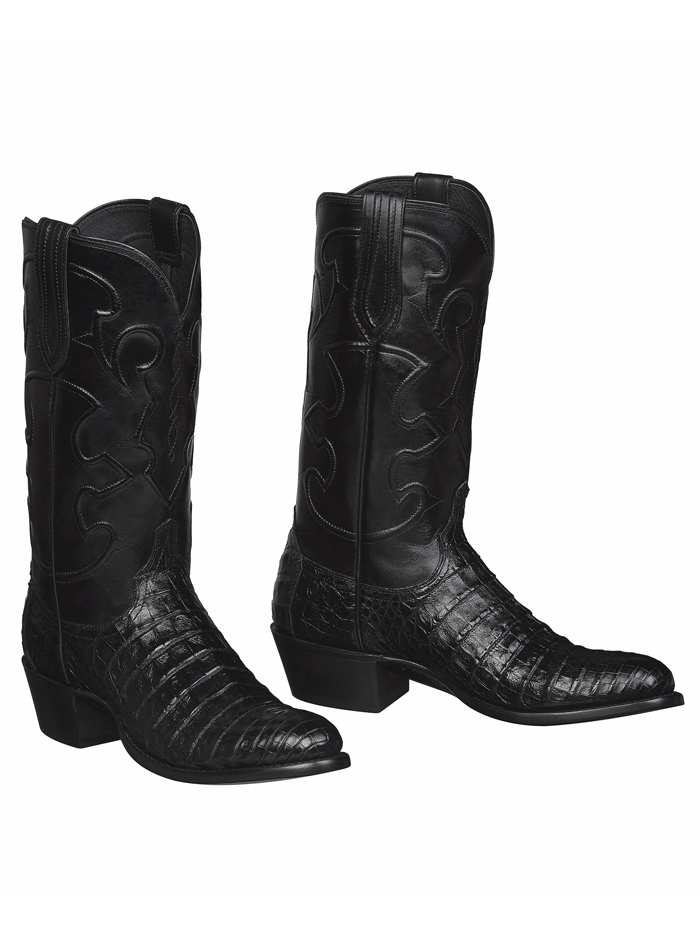 Lucchese M1636.R4 Mens Charles Belly Caiman Boots Black front and side view. If you need any assistance with this item or the purchase of this item please call us at five six one seven four eight eight eight zero one Monday through Saturday 10:00a.m EST to 8:00 p.m EST