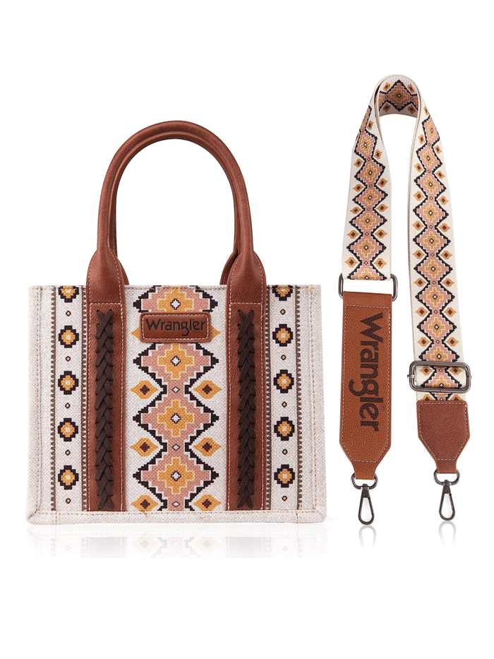 Wrangler WG2202-8120SCF Womens Southwestern Print Small Canvas Crossbody Tote Coffee Tan front view. If you need any assistance with this item or the purchase of this item please call us at five six one seven four eight eight eight zero one Monday through Saturday 10:00a.m EST to 8:00 p.m EST