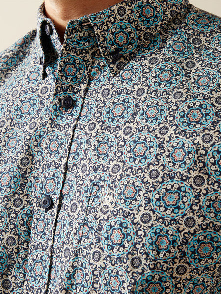 Ariat 10058967 Mens Santiago Classic Fit Shirt Dark Teal front close up. If you need any assistance with this item or the purchase of this item please call us at five six one seven four eight eight eight zero one Monday through Saturday 10:00a.m EST to 8:00 p.m EST