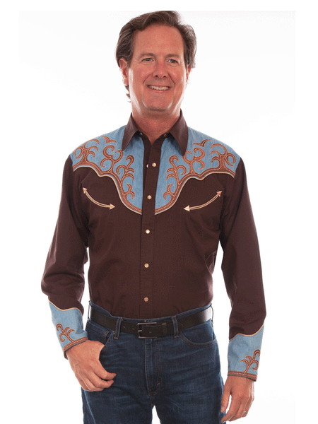 Scully P-913-BRN Mens Embroidered Western Shirt Brown front view. If you need any assistance with this item or the purchase of this item please call us at five six one seven four eight eight eight zero one Monday through Saturday 10:00a.m EST to 8:00 p.m EST
