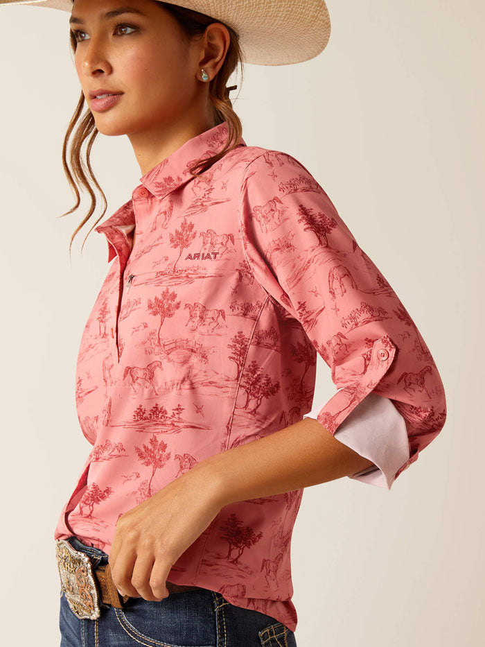 Ariat 10048862 Womens VentTEK Stretch Shirt Faded Rose Toile front view. If you need any assistance with this item or the purchase of this item please call us at five six one seven four eight eight eight zero one Monday through Saturday 10:00a.m EST to 8:00 p.m EST