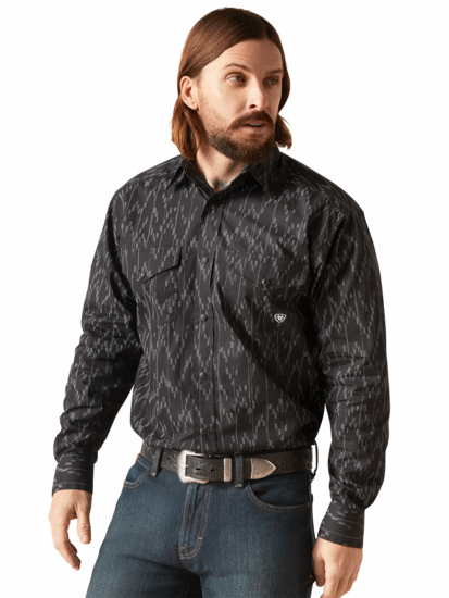 Ariat 10046217 Mens Shea Snap Classic Fit Long Sleeve Shirt Black front view. If you need any assistance with this item or the purchase of this item please call us at five six one seven four eight eight eight zero one Monday through Saturday 10:00a.m EST to 8:00 p.m EST