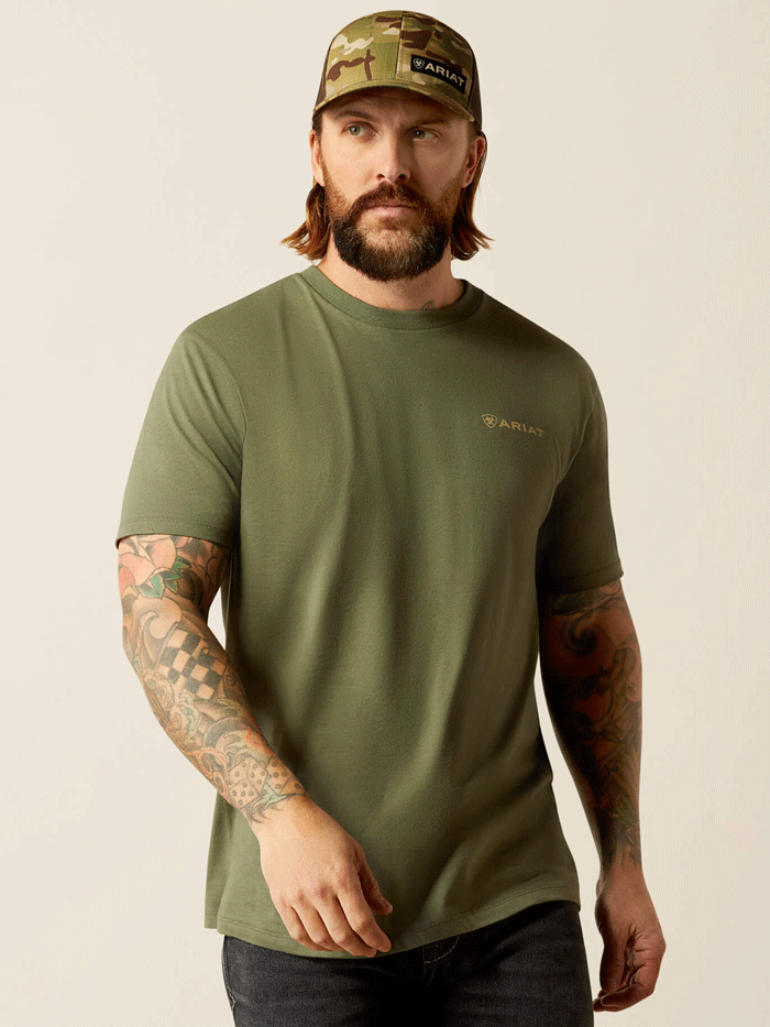 Ariat 10052574 Mens Duck T-Shirt Surplus Green back view. If you need any assistance with this item or the purchase of this item please call us at five six one seven four eight eight eight zero one Monday through Saturday 10:00a.m EST to 8:00 p.m EST