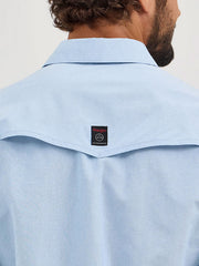 Wrangler 112360550 Mens ATG Drover Utility Shirt Cerulean Light Blue back close up. If you need any assistance with this item or the purchase of this item please call us at five six one seven four eight eight eight zero one Monday through Saturday 10:00a.m EST to 8:00 p.m EST