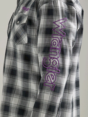Wrangler 112327777 Mens Logo Long Sleeve Snap Plaid Shirt Black White Buffalo side view of sleeve with embroidery. If you need any assistance with this item or the purchase of this item please call us at five six one seven four eight eight eight zero one Monday through Saturday 10:00a.m EST to 8:00 p.m EST