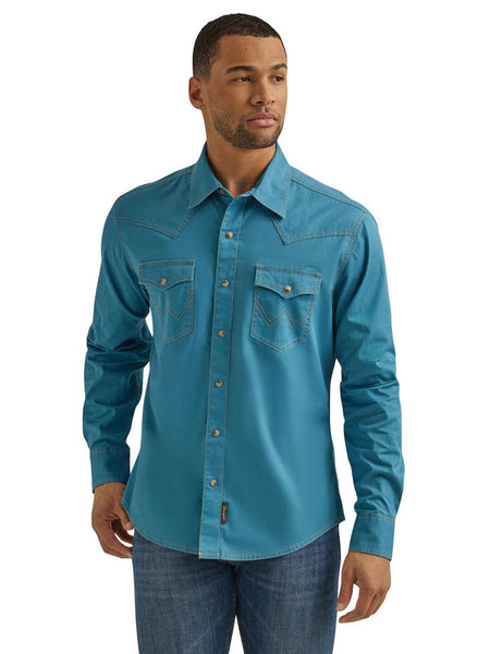 Wrangler 112344555 Mens Retro Long Sleeve Shirt Turquoise front view. If you need any assistance with this item or the purchase of this item please call us at five six one seven four eight eight eight zero one Monday through Saturday 10:00a.m EST to 8:00 p.m EST