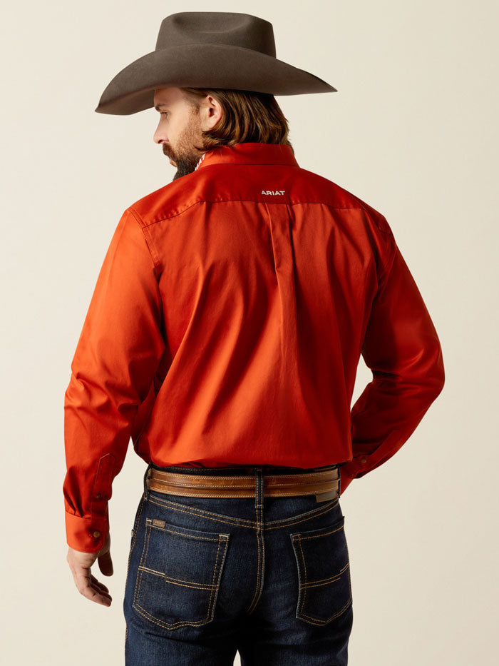 Ariat 10052823 Mens Team Logo Twill Classic Fit Shirt Dark Orange Coral front view. If you need any assistance with this item or the purchase of this item please call us at five six one seven four eight eight eight zero one Monday through Saturday 10:00a.m EST to 8:00 p.m EST