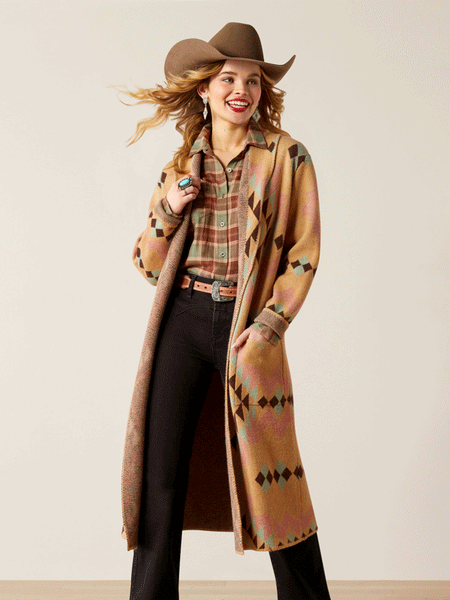 Ariat 10053982 Womens Sunset Chic Blanket Coat Spark Geo Jacquard Tan front. If you need any assistance with this item or the purchase of this item please call us at five six one seven four eight eight eight zero one Monday through Saturday 10:00a.m EST to 8:00 p.m EST