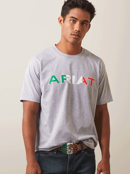 Ariat 10043100 Mens Viva Mexico Short Sleeve Tee Heather Grey front view. If you need any assistance with this item or the purchase of this item please call us at five six one seven four eight eight eight zero one Monday through Saturday 10:00a.m EST to 8:00 p.m EST