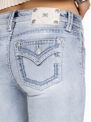 Miss Me M5014B418 Womens Haven Stitched Bootcut Jean Light Wash back close up. If you need any assistance with this item or the purchase of this item please call us at five six one seven four eight eight eight zero one Monday through Saturday 10:00a.m EST to 8:00 p.m EST