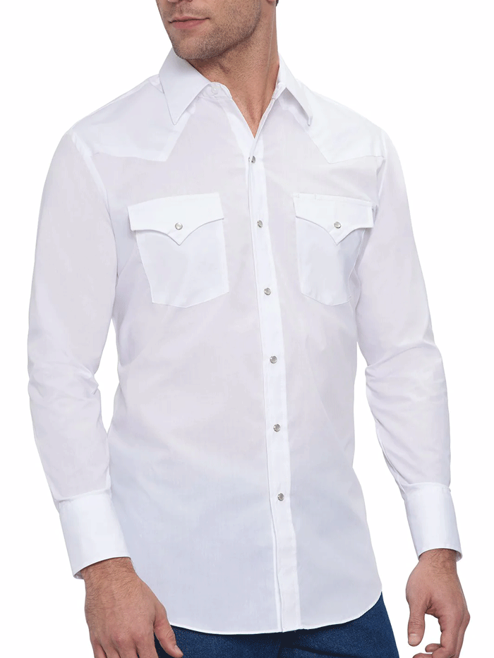 Ely Cattleman 15201905-01 Mens Long Sleeve Solid Western Shirt White front view tucked in. If you need any assistance with this item or the purchase of this item please call us at five six one seven four eight eight eight zero one Monday through Saturday 10:00a.m EST to 8:00 p.m EST