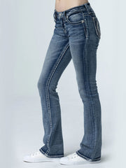 Miss Me M9272B Womens Mid Rise Subtle Star Horseshoe Bootcut Jeans Denim side view. If you need any assistance with this item or the purchase of this item please call us at five six one seven four eight eight eight zero one Monday through Saturday 10:00a.m EST to 8:00 p.m EST