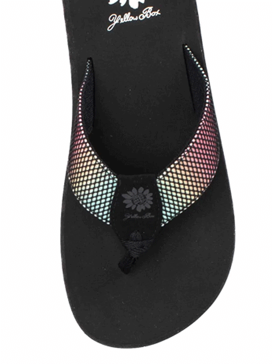 Yellow Box 52564 Womens Foliage Flip Flop Sandals Black Multi view from above. If you need any assistance with this item or the purchase of this item please call us at five six one seven four eight eight eight zero one Monday through Saturday 10:00a.m EST to 8:00 p.m EST