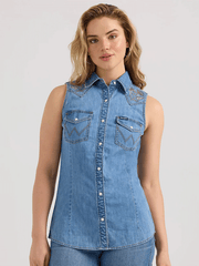 Wrangler 112361174 Womens Embellished Denim Sleeveless Snap Shirt Mid Wash front view. If you need any assistance with this item or the purchase of this item please call us at five six one seven four eight eight eight zero one Monday through Saturday 10:00a.m EST to 8:00 p.m EST