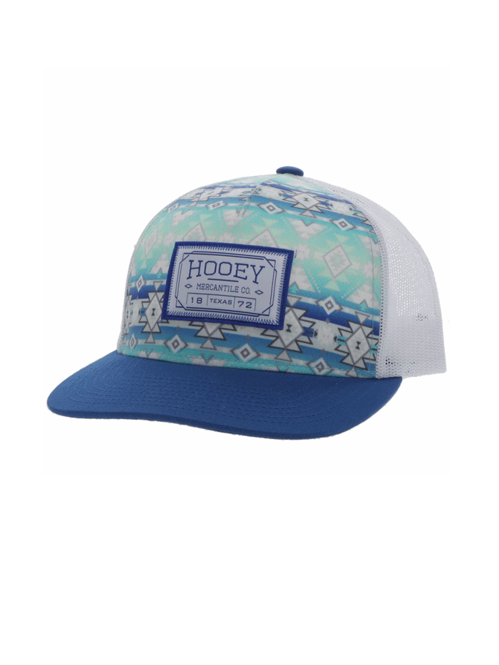 Hooey 2302T-TLWH DOC Mid Profile Aztec Print Trucker Hat White And Teal front and side view. If you need any assistance with this item or the purchase of this item please call us at five six one seven four eight eight eight zero one Monday through Saturday 10:00a.m EST to 8:00 p.m EST
