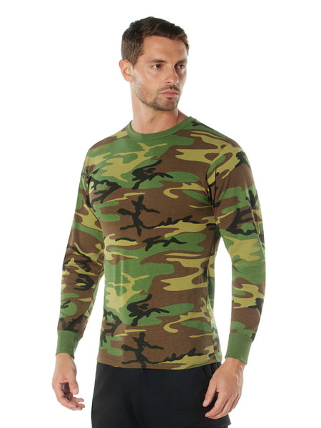 Rothco 6778 Mens Long Sleeve T-Shirt Woodland Camo side / front view. If you need any assistance with this item or the purchase of this item please call us at five six one seven four eight eight eight zero one Monday through Saturday 10:00a.m EST to 8:00 p.m EST
