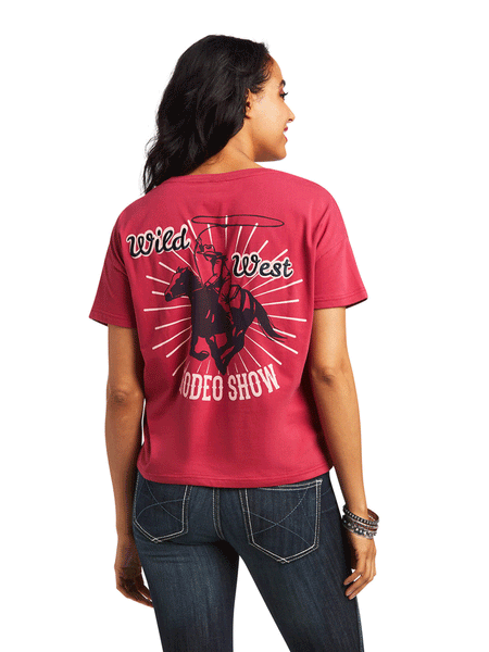 Ariat 10039830 Womens Rodeo Show Tee Red Bud back view. If you need any assistance with this item or the purchase of this item please call us at five six one seven four eight eight eight zero one Monday through Saturday 10:00a.m EST to 8:00 p.m EST