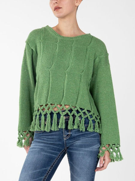 Miss Me MSW0421L Womens Knitted Fringe Sweater Green close up. If you need any assistance with this item or the purchase of this item please call us at five six one seven four eight eight eight zero one Monday through Saturday 10:00a.m EST to 8:00 p.m EST