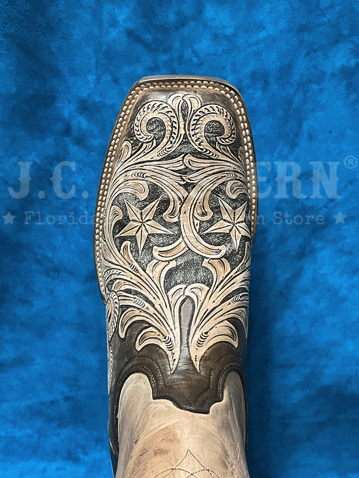 Black Jack HT-264-96 Mens Handtooled Stars Square Toe Boot Vintaged Chocolate Natural front and side view. If you need any assistance with this item or the purchase of this item please call us at five six one seven four eight eight eight zero one Monday through Saturday 10:00a.m EST to 8:00 p.m EST