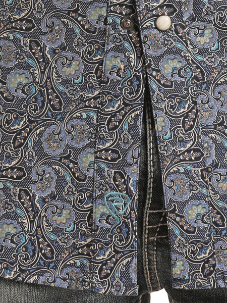 Rock & Roll Denim BMN2S03340 Mens Long Sleeve Paisley Snap Shirt Blue close up view of fabric print.If you need any assistance with this item or the purchase of this item please call us at five six one seven four eight eight eight zero one Monday through Saturday 10:00a.m EST to 8:00 p.m EST