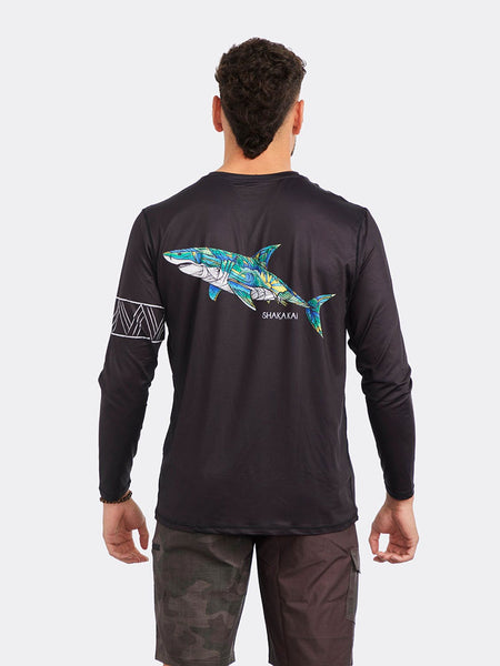 Shaka Kai DaveL SHARK BAIT Mens Long Sleeve Performance Shirt Black back view. If you need any assistance with this item or the purchase of this item please call us at five six one seven four eight eight eight zero one Monday through Saturday 10:00a.m EST to 8:00 p.m EST