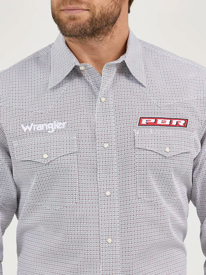 Wrangler 112359482 Mens PBR Long Sleeve Logo Shirt Cloudy Diamonds Grey front view. If you need any assistance with this item or the purchase of this item please call us at five six one seven four eight eight eight zero one Monday through Saturday 10:00a.m EST to 8:00 p.m EST