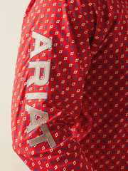 Ariat 10058961 Mens Team Fallon Classic Fit Shirt Red sleeve close up. If you need any assistance with this item or the purchase of this item please call us at five six one seven four eight eight eight zero one Monday through Saturday 10:00a.m EST to 8:00 p.m EST