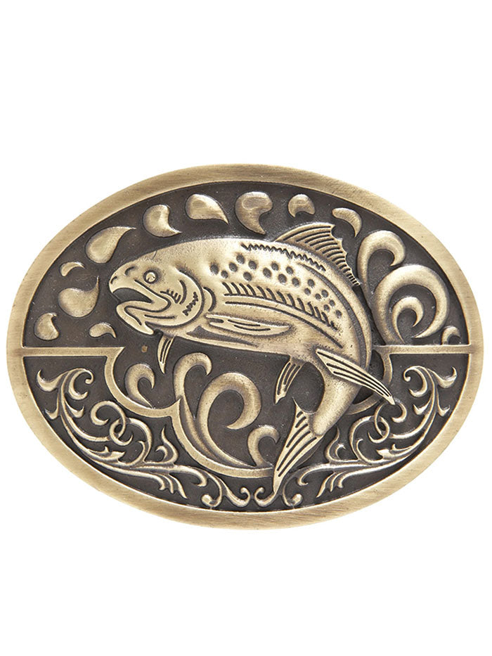 AndWest 602-06 Oval Trout Fishing Buckle Antique Brass front view. If you need any assistance with this item or the purchase of this item please call us at five six one seven four eight eight eight zero one Monday through Saturday 10:00a.m EST to 8:00 p.m EST