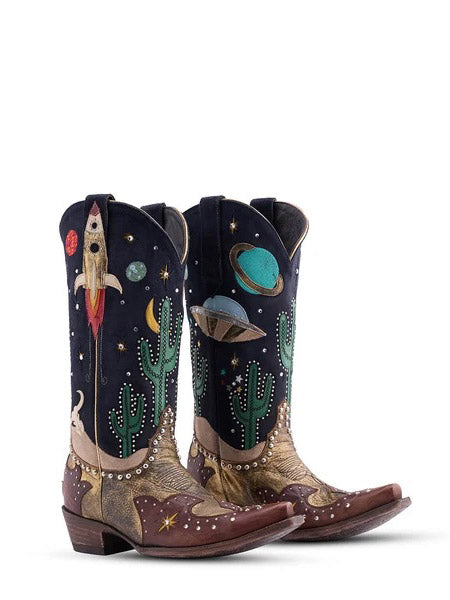 Old Gringo L3576-SEP28 Womens GALACTIC BUCKAROO Leather Boot Chocolate front and side view of pair. If you need any assistance with this item or the purchase of this item please call us at five six one seven four eight eight eight zero one Monday through Saturday 10:00a.m EST to 8:00 p.m EST
