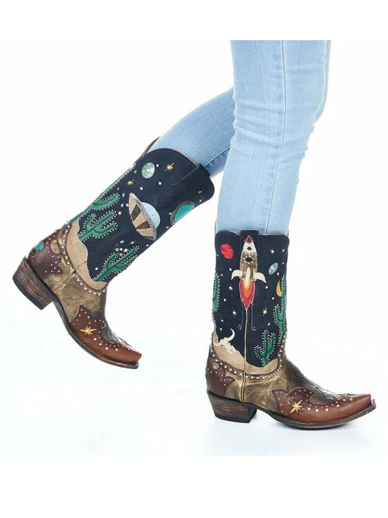 Old Gringo L3576-SEP28 Womens GALACTIC BUCKAROO Leather Boot Chocolate front and side view of pair. If you need any assistance with this item or the purchase of this item please call us at five six one seven four eight eight eight zero one Monday through Saturday 10:00a.m EST to 8:00 p.m EST
