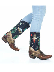 Old Gringo L3576-SEP28 Womens GALACTIC BUCKAROO Leather Boot Chocolate side view on model. If you need any assistance with this item or the purchase of this item please call us at five six one seven four eight eight eight zero one Monday through Saturday 10:00a.m EST to 8:00 p.m EST