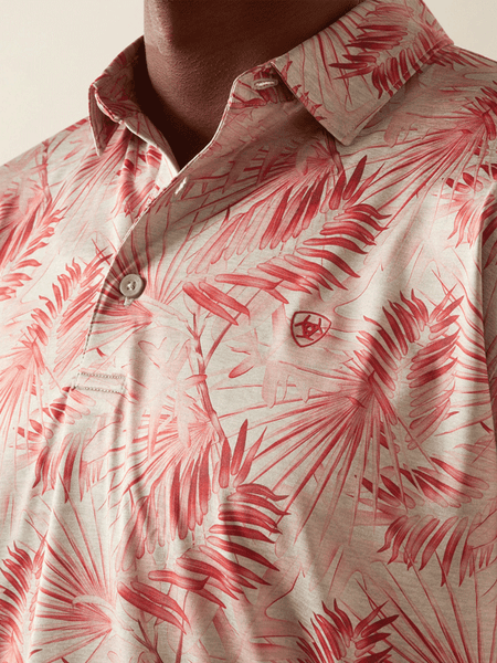 Ariat 10058847 Mens Charger 2.0 Printed Polo Scarlet front close up. If you need any assistance with this item or the purchase of this item please call us at five six one seven four eight eight eight zero one Monday through Saturday 10:00a.m EST to 8:00 p.m EST