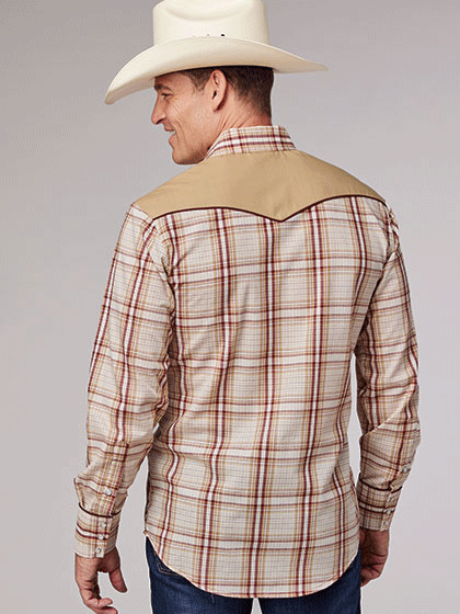 Roper 01-001-0024-4060 Mens Long Sleeve Plaid Western Shirt Tan front view. If you need any assistance with this item or the purchase of this item please call us at five six one seven four eight eight eight zero one Monday through Saturday 10:00a.m EST to 8:00 p.m EST