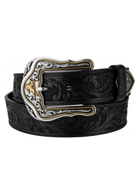 Tony Lama C41513 Westerly Ride Leather Tooled Belt Black front view. If you need any assistance with this item or the purchase of this item please call us at five six one seven four eight eight eight zero one Monday through Saturday 10:00a.m EST to 8:00 p.m EST