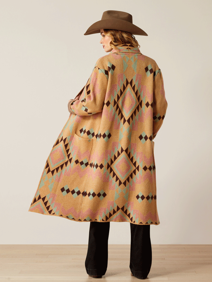 Ariat 10053982 Womens Sunset Chic Blanket Coat Spark Geo Jacquard Tan front. If you need any assistance with this item or the purchase of this item please call us at five six one seven four eight eight eight zero one Monday through Saturday 10:00a.m EST to 8:00 p.m EST