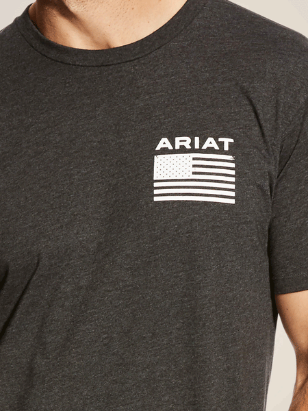 Ariat 10025209 Mens Freedom T-Shirt Charcoal Heather front close up view. If you need any assistance with this item or the purchase of this item please call us at five six one seven four eight eight eight zero one Monday through Saturday 10:00a.m EST to 8:00 p.m EST