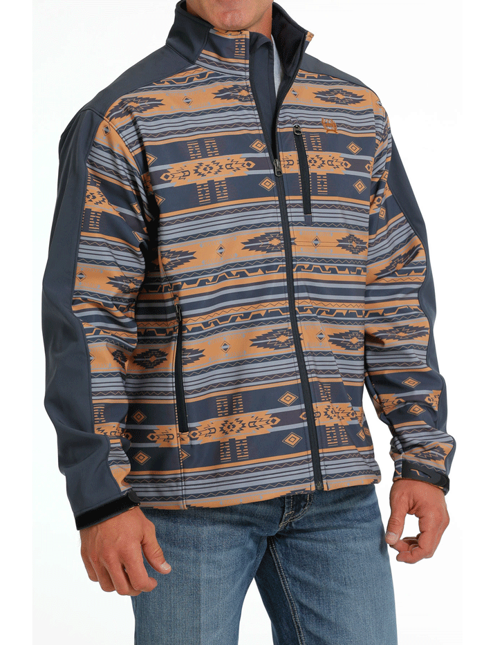 Cinch MWJ1063005 Mens Western Bonded Jacket Blue front view with hand on front side pocket. If you need any assistance with this item or the purchase of this item please call us at five six one seven four eight eight eight zero one Monday through Saturday 10:00a.m EST to 8:00 p.m EST
