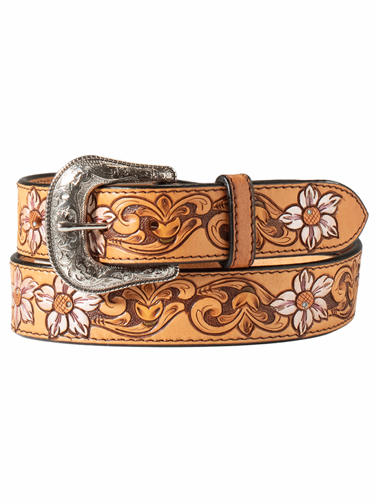 Nocona N320005208 Womens Metallic Flowers Hand Tooled Belt Tan front and back view. If you need any assistance with this item or the purchase of this item please call us at five six one seven four eight eight eight zero one Monday through Saturday 10:00a.m EST to 8:00 p.m EST