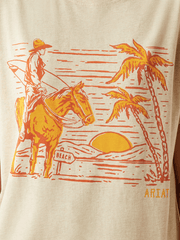Ariat 10058716 Womens Western Surfer T-Shirt Oatmeal Heather graphic close up. If you need any assistance with this item or the purchase of this item please call us at five six one seven four eight eight eight zero one Monday through Saturday 10:00a.m EST to 8:00 p.m EST

