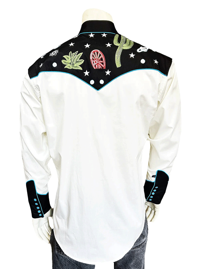 Rockmount 6707-BLK Mens Cactus & Stars Chain Stitch Embroidered Western Shirt Black front view. If you need any assistance with this item or the purchase of this item please call us at five six one seven four eight eight eight zero one Monday through Saturday 10:00a.m EST to 8:00 p.m EST