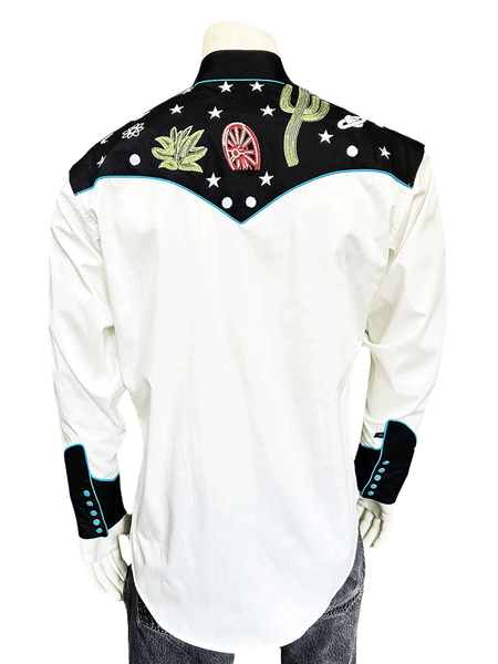 Rockmount 6707-BLK Mens Cactus & Stars Chain Stitch Embroidered Western Shirt Black back view. If you need any assistance with this item or the purchase of this item please call us at five six one seven four eight eight eight zero one Monday through Saturday 10:00a.m EST to 8:00 p.m EST