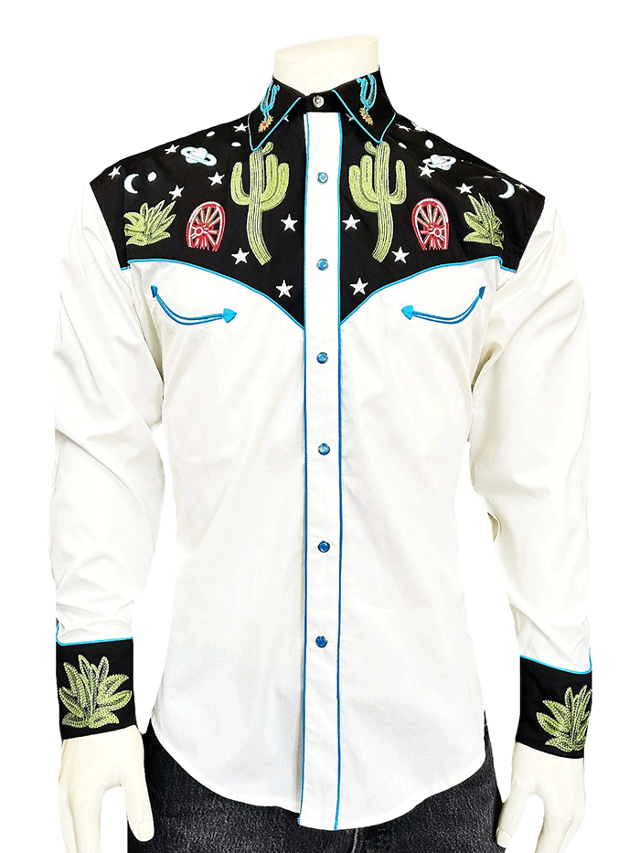 Rockmount 6707-BLK Mens Cactus & Stars Chain Stitch Embroidered Western Shirt Black front view. If you need any assistance with this item or the purchase of this item please call us at five six one seven four eight eight eight zero one Monday through Saturday 10:00a.m EST to 8:00 p.m EST