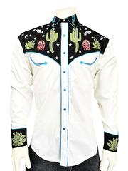 Rockmount 6707-BLK Mens Cactus & Stars Chain Stitch Embroidered Western Shirt Black front view. If you need any assistance with this item or the purchase of this item please call us at five six one seven four eight eight eight zero one Monday through Saturday 10:00a.m EST to 8:00 p.m EST